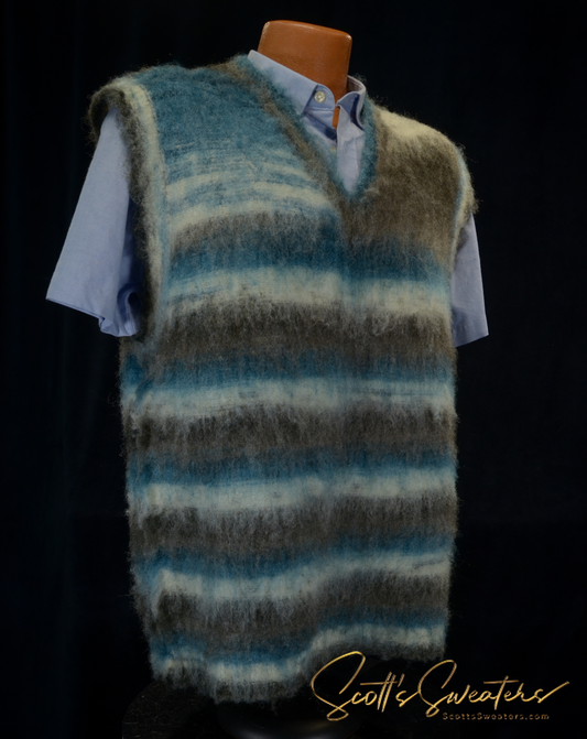 Men's variegated colored mohair sleeveless sweater vest in grey, green, and white