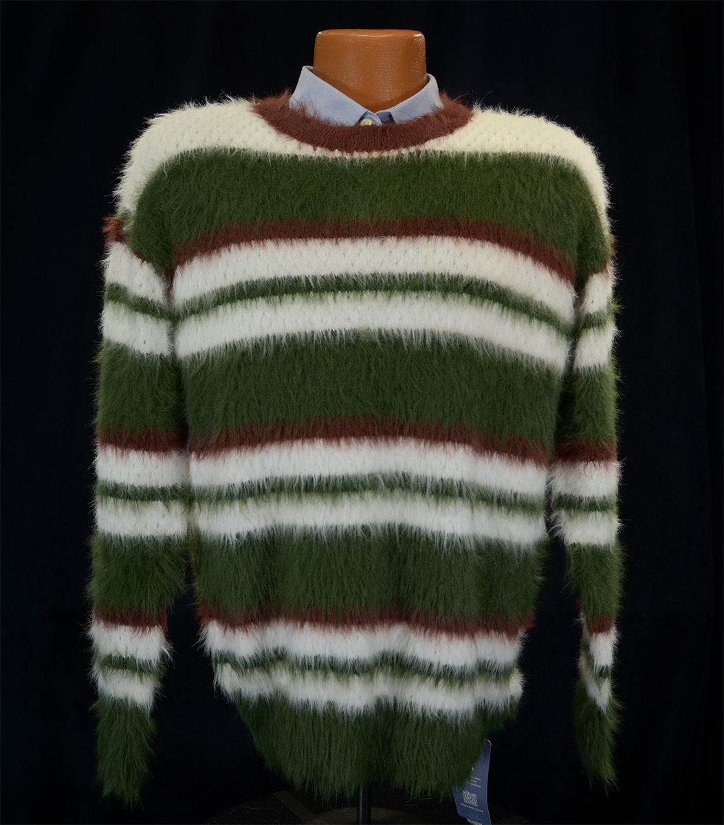 Men's fuzzy crewneck mohair sweater with white, green, and brown stripes on mannequin