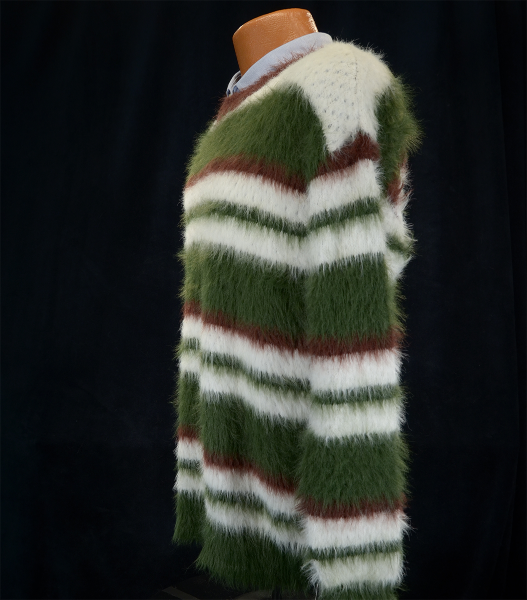 Men's striped fuzzy mohair crewneck sweater in white, green, and brown colors
