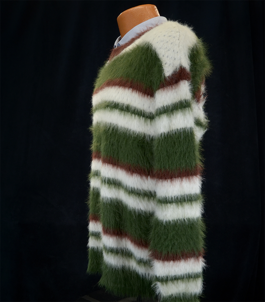 Men's striped fuzzy mohair crewneck sweater in white, green, and brown colors