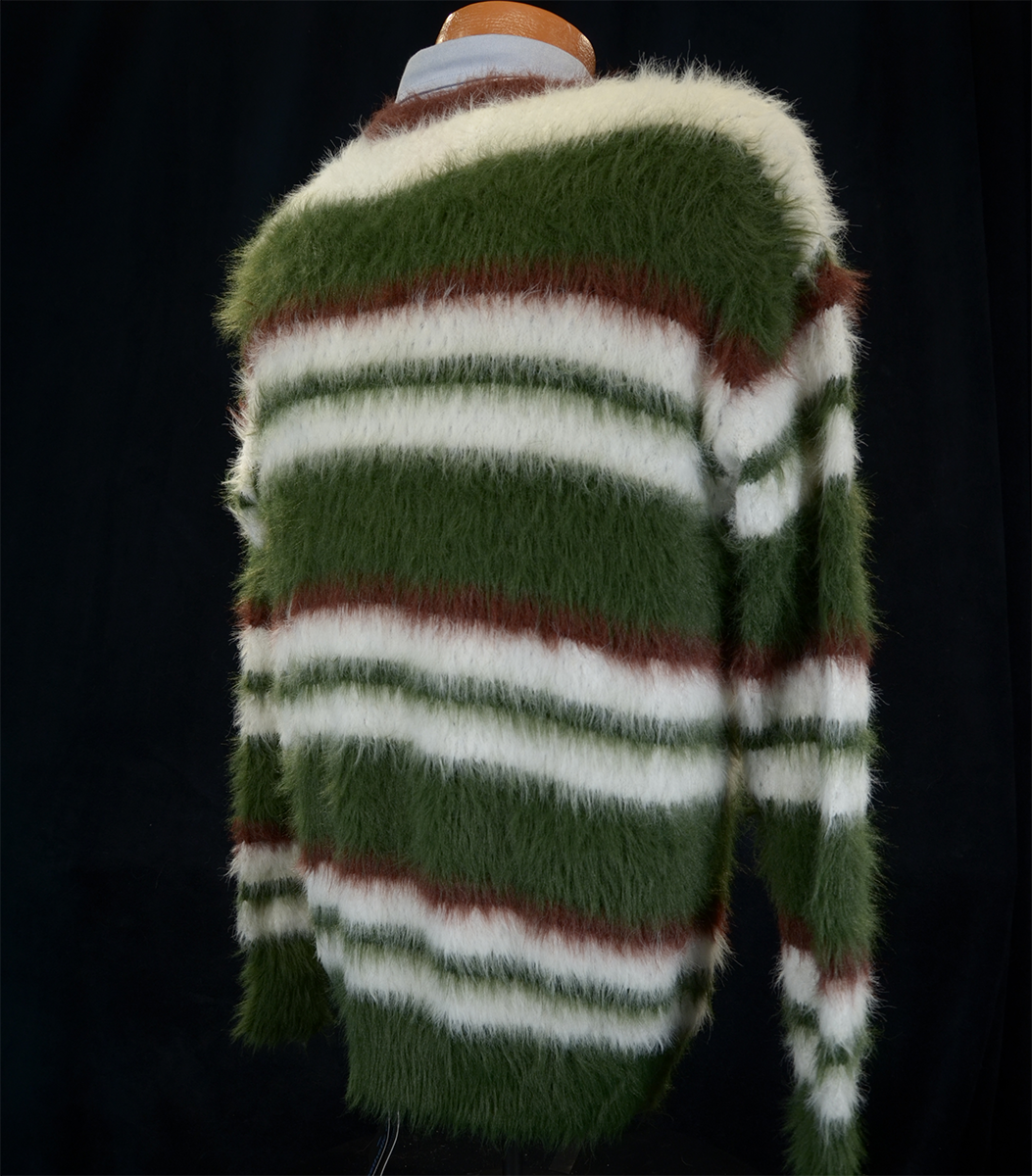 Men's striped fuzzy mohair crewneck sweater in white, green, and brown colors
