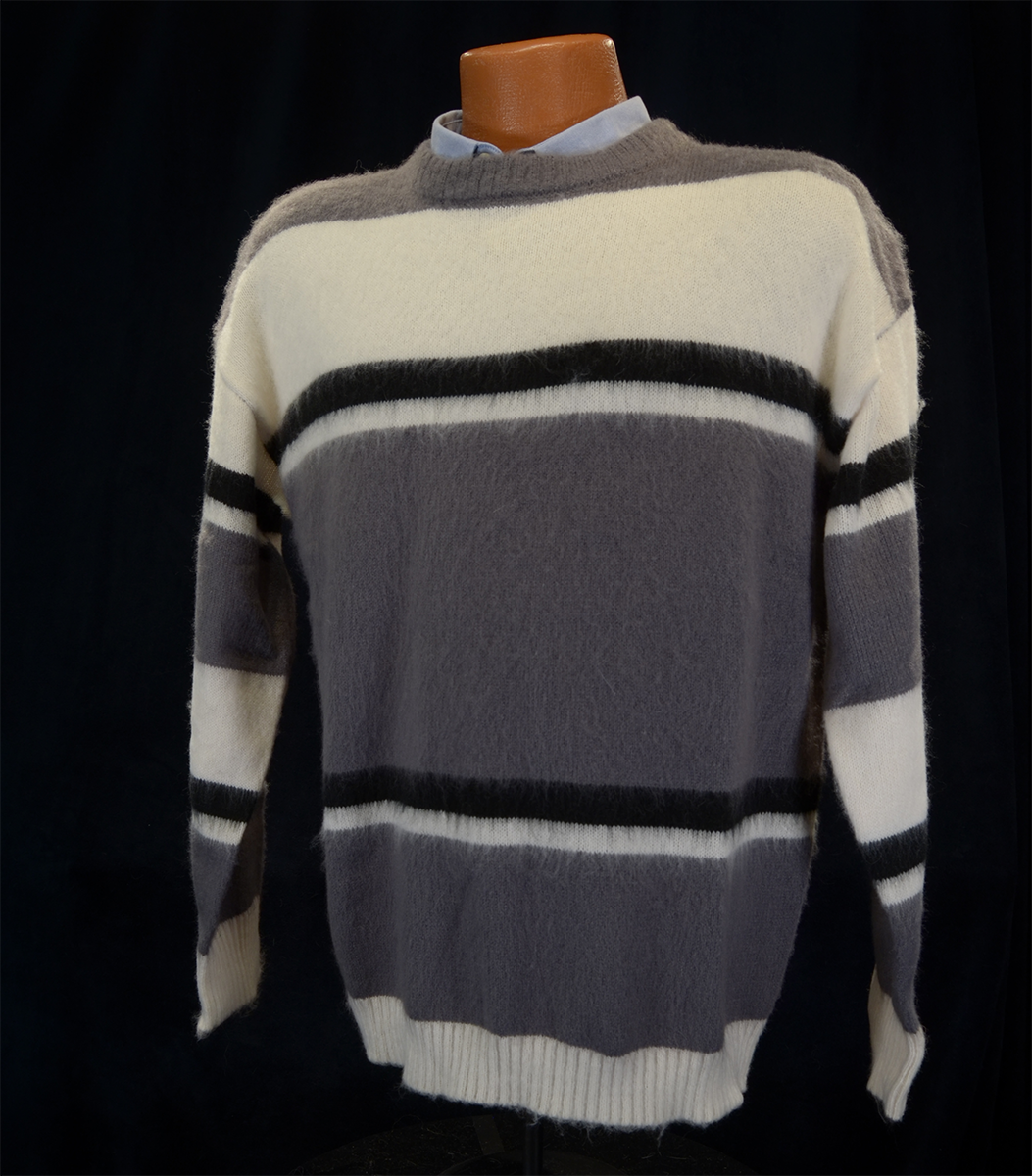 Men's striped fuzzy mohair crewneck sweater in grey, white, and black colors.