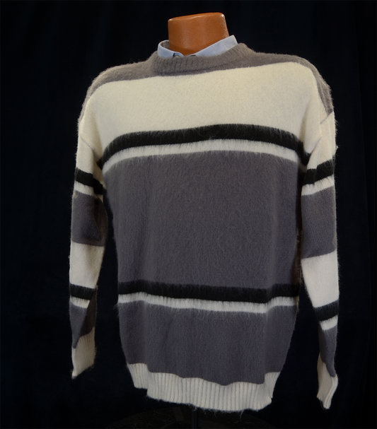 Men's striped fuzzy mohair crewneck sweater in grey, white, and black colors.