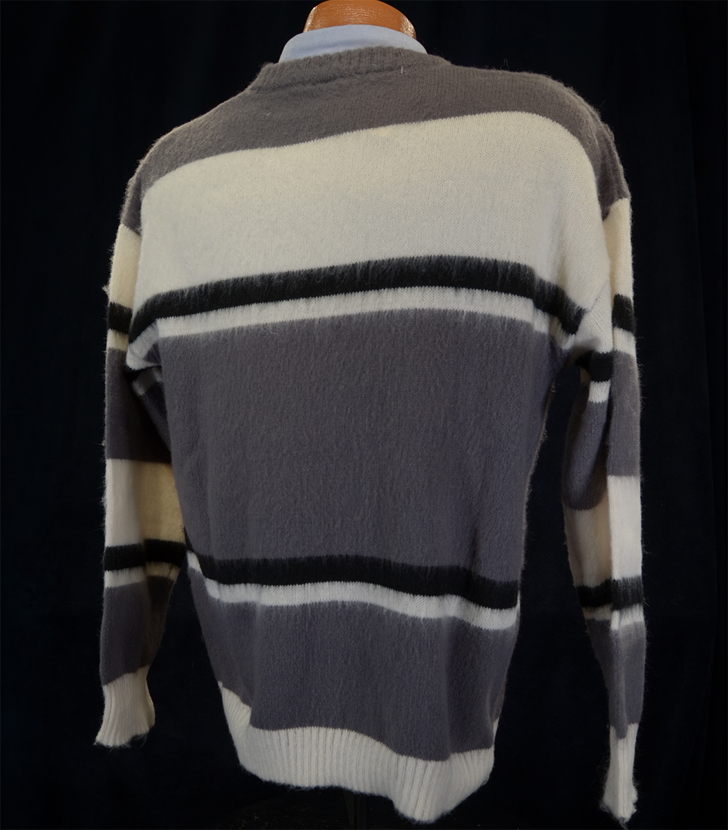 Men's striped fuzzy crewneck mohair sweater in grey, white, and black colors displayed on a mannequin back view