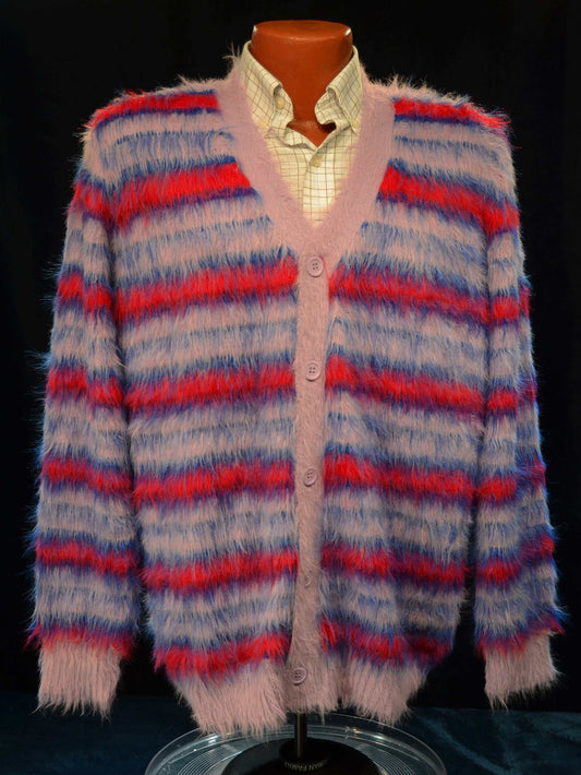 Men's Fuzzy Cardigan plush cardigan sweater with blue and black colorful stripes