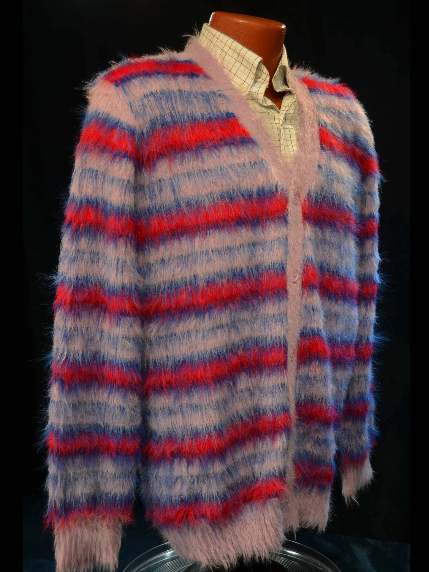 Men's Fuzzy Cardigan plush cardigan sweater with blue and black colorful stripes