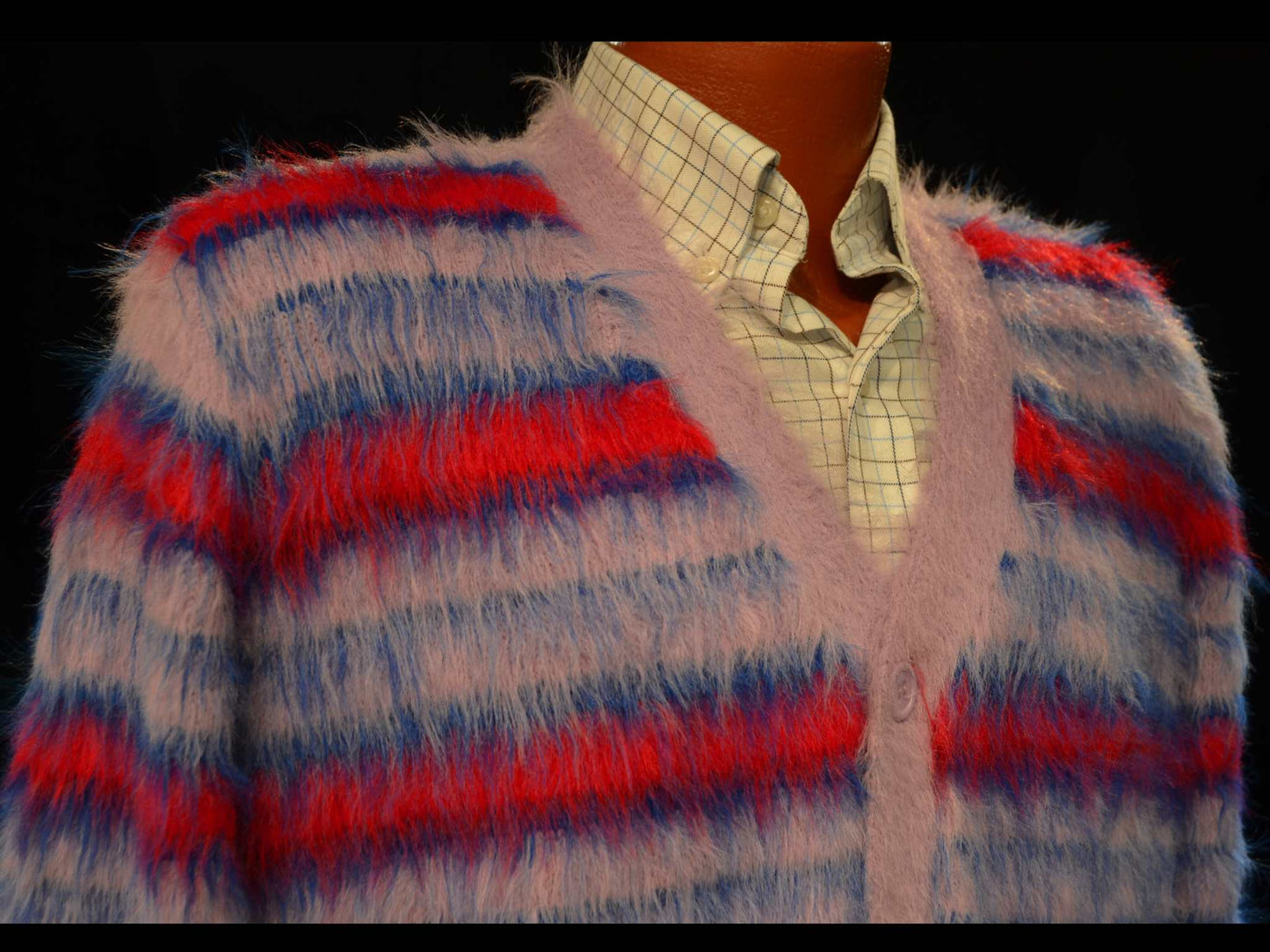 Men's Fuzzy Cardigan plush cardigan sweater with blue and black colorful stripes