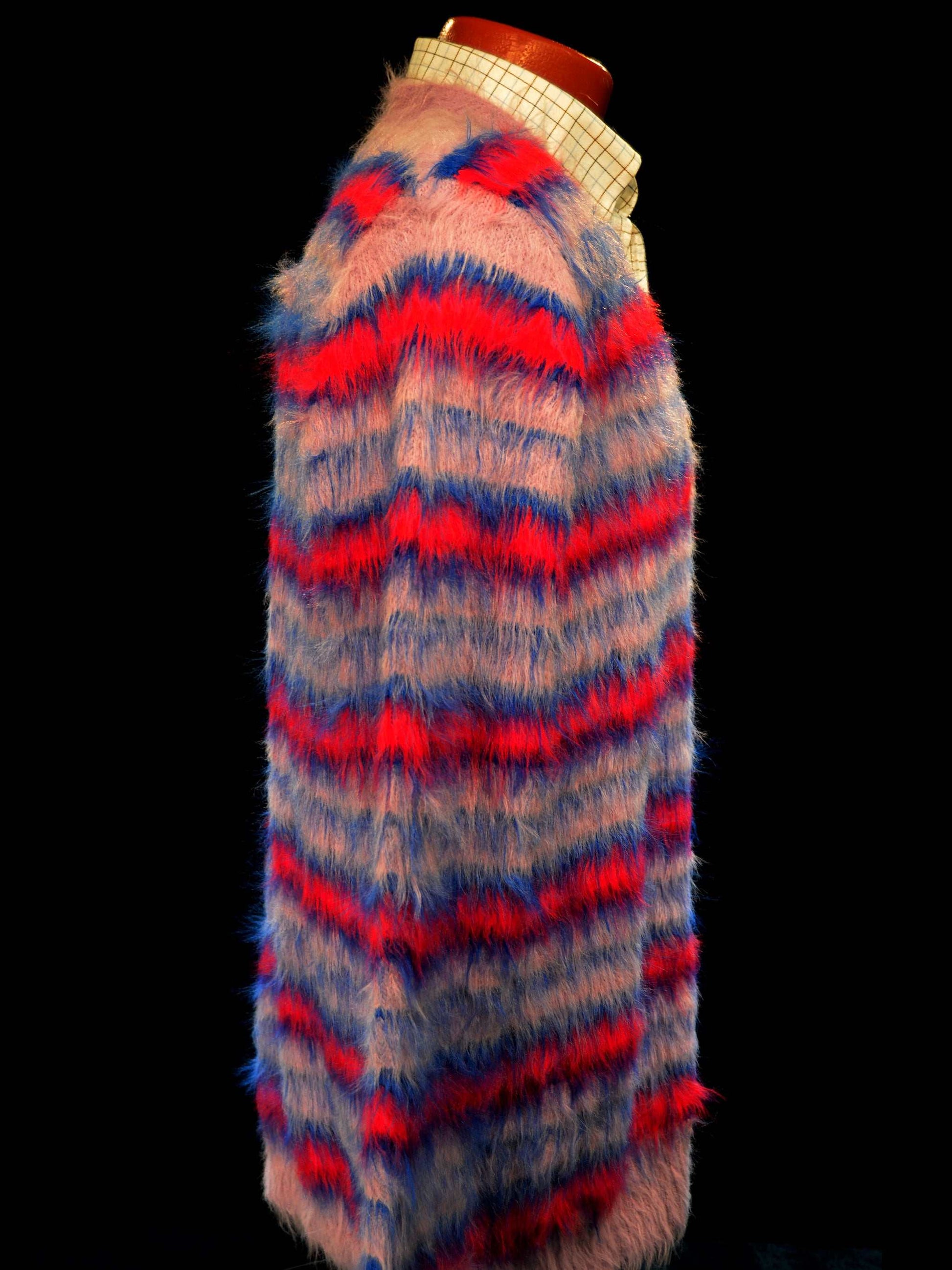 Men's Fuzzy Cardigan plush cardigan sweater with blue and black colorful stripes