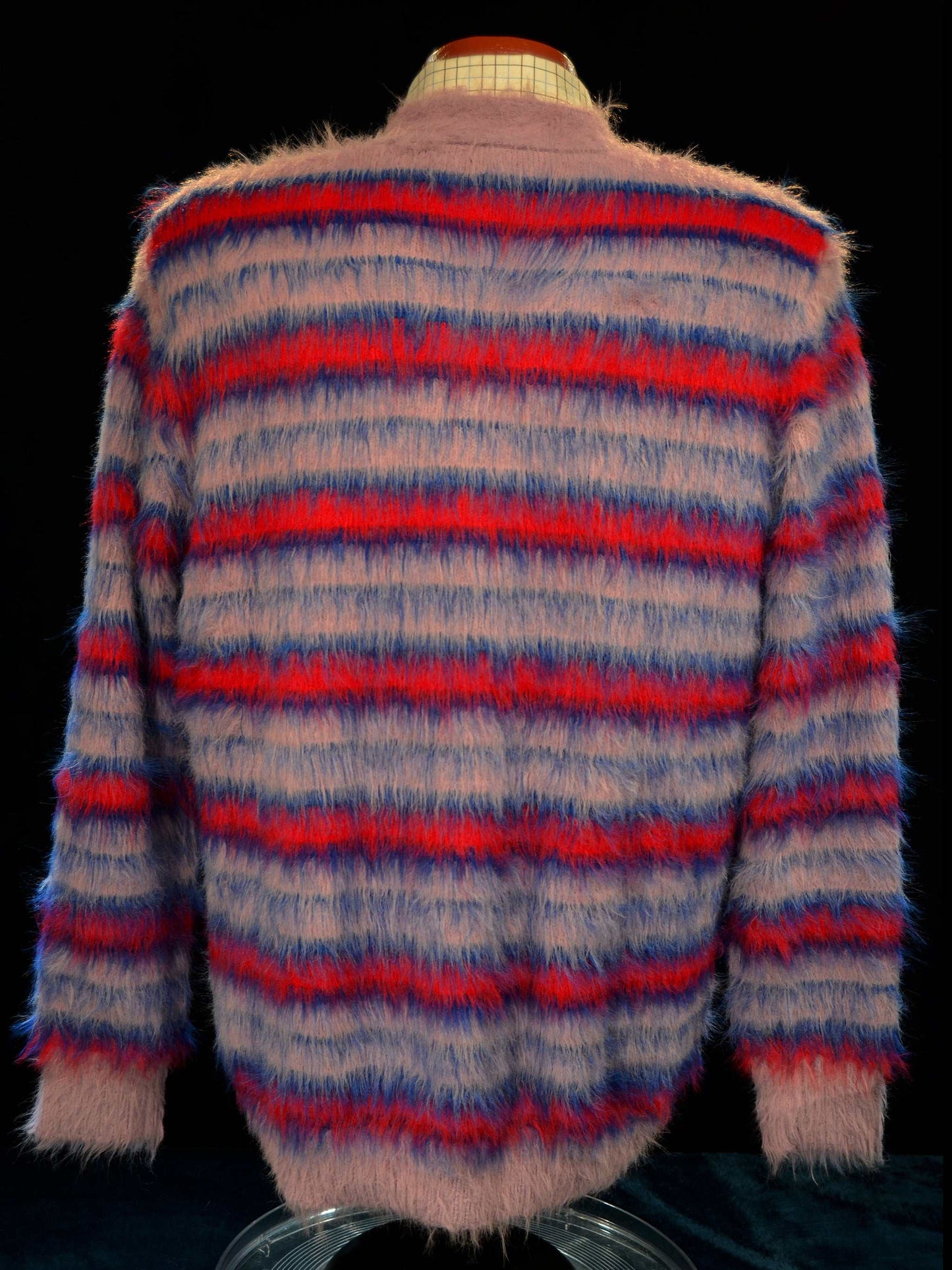 Men's Fuzzy Cardigan plush cardigan sweater with blue and black colorful stripes