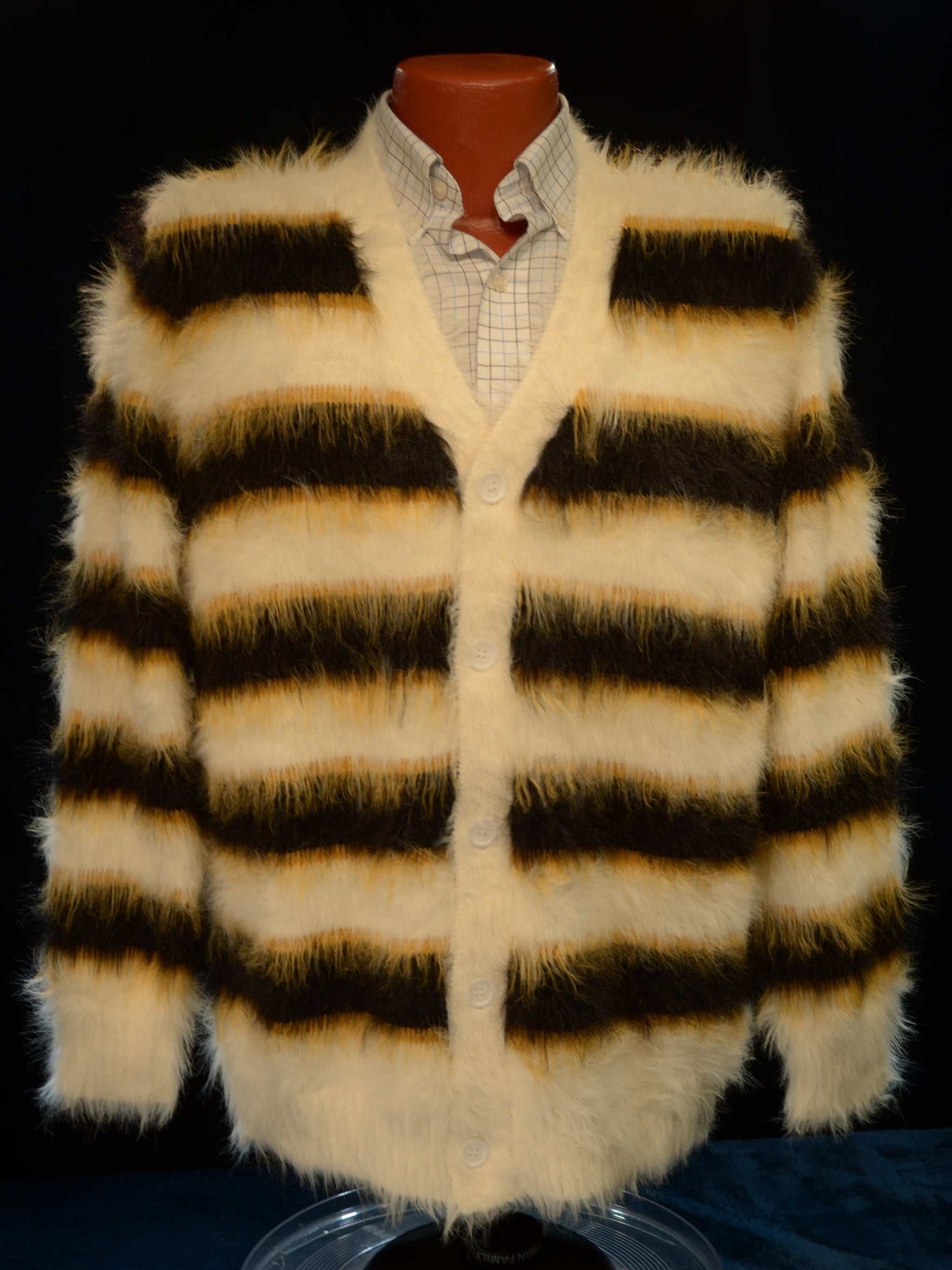 Men's Fuzzy Cardigan plush cardigan sweater with blue and black colorful stripes