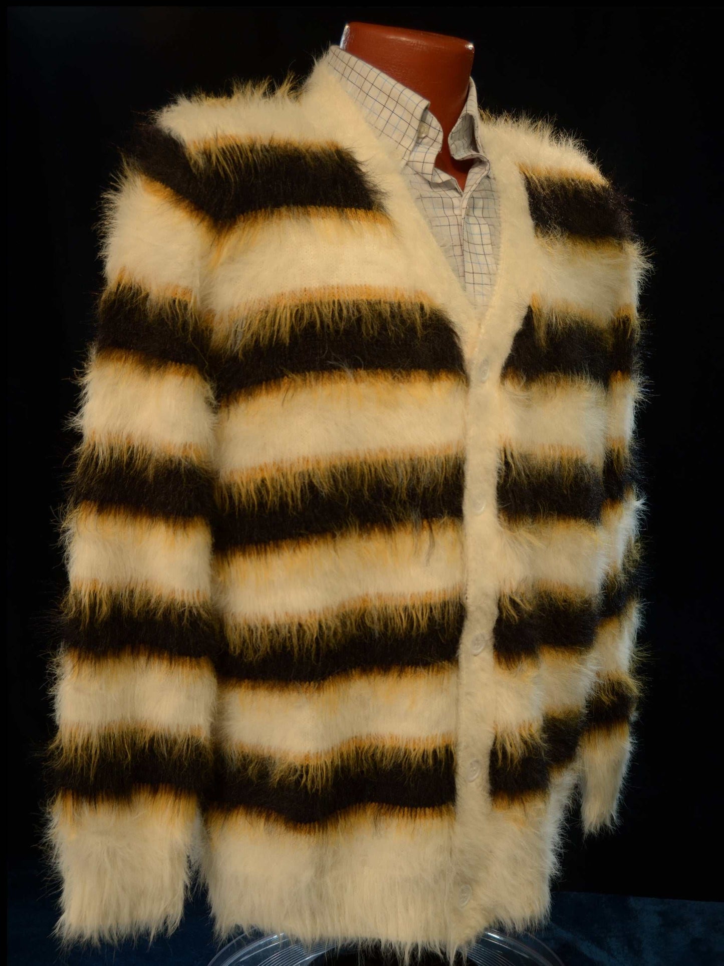 Men's Fuzzy Cardigan plush cardigan sweater with blue and black colorful stripes