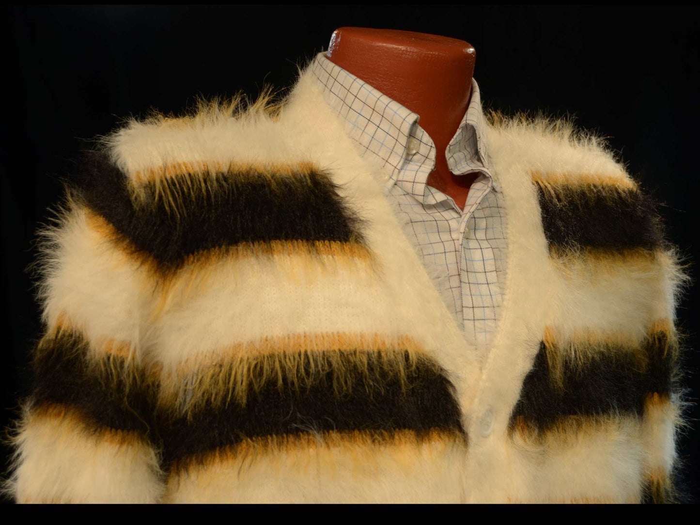 Men's Fuzzy Cardigan plush cardigan sweater with blue and black colorful stripes