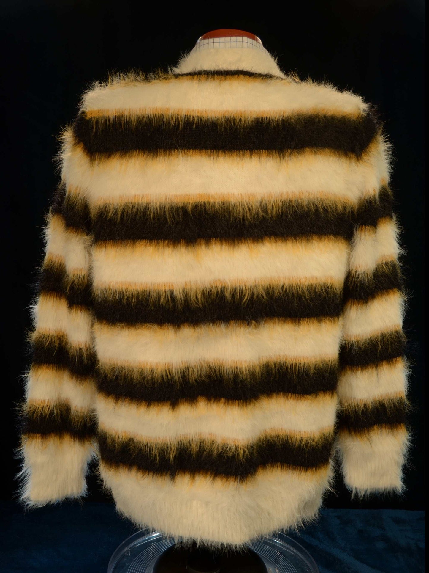 Men's Fuzzy Cardigan plush cardigan sweater with blue and black colorful stripes