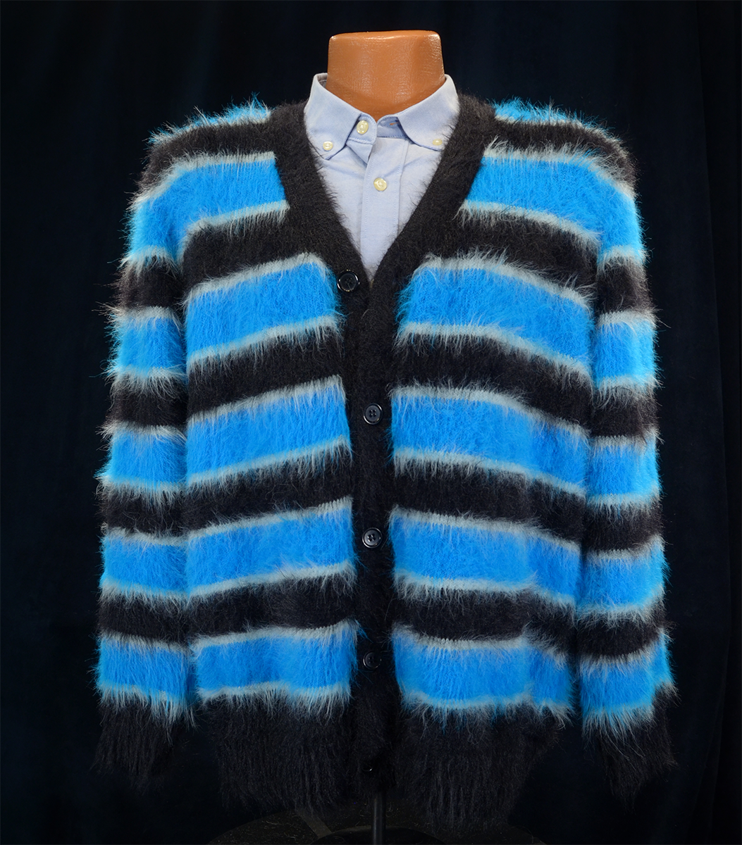 Men's Fuzzy Cardigan plush cardigan sweater with blue and black colorful stripes