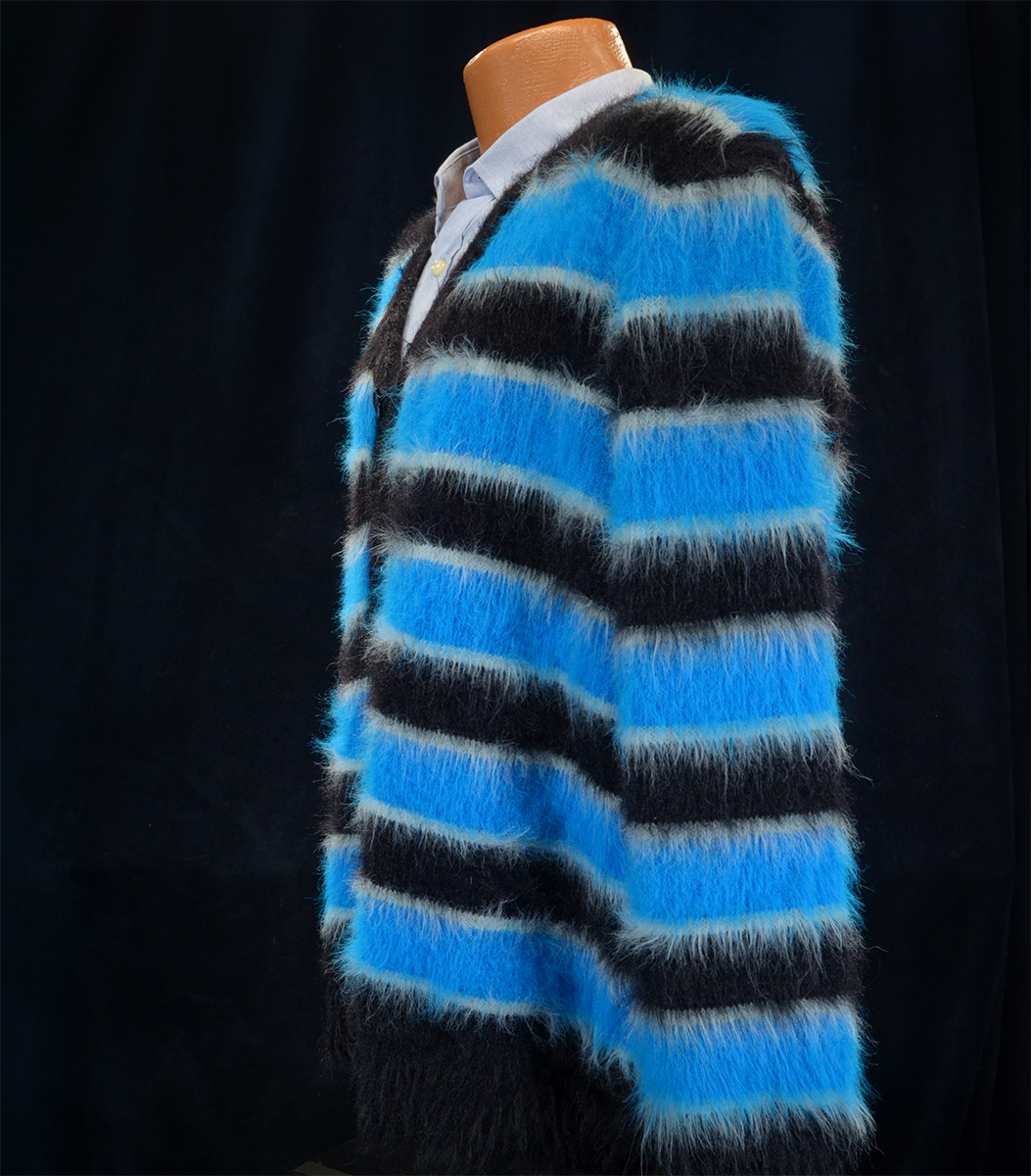 Men's Fuzzy Cardigan plush cardigan sweater with blue and black colorful stripes