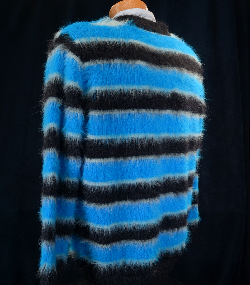 Men's Fuzzy Cardigan plush cardigan sweater with blue and black colorful stripes