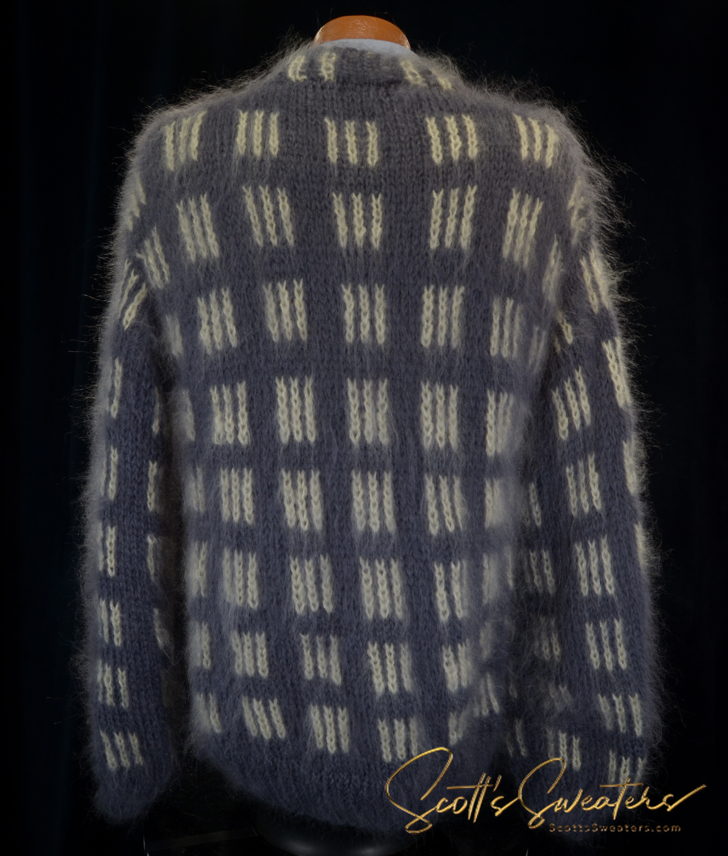 Slate-grey handknit mohair men's crewneck sweater with AI-designed pattern