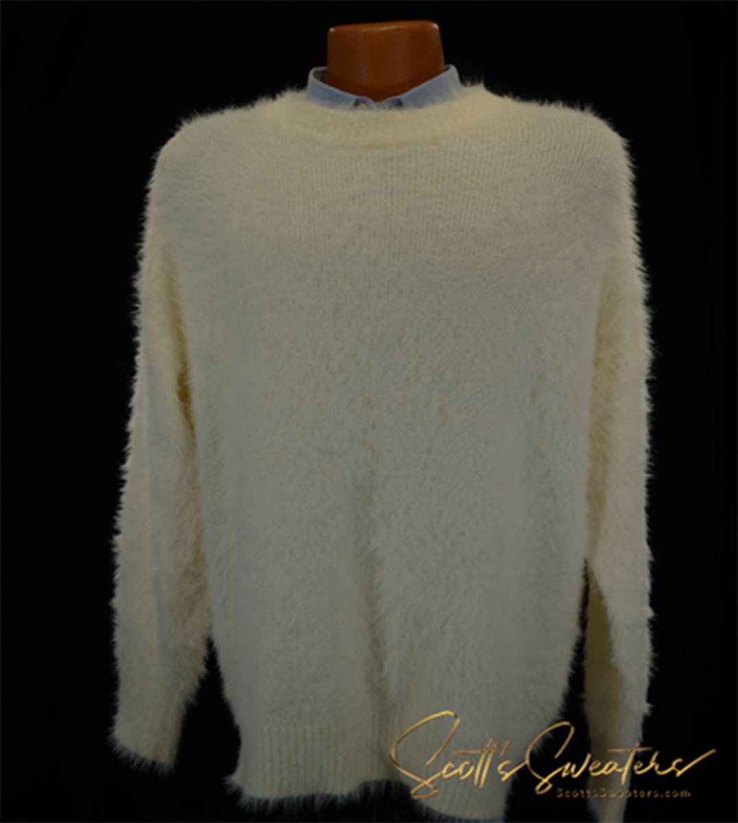 Men's fuzzy ivory crewneck eyelash sweater with long sleeves displayed on a mannequin against a black background
