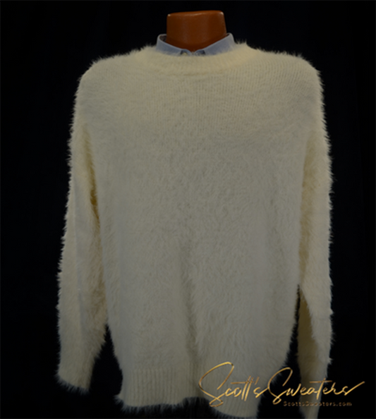 Men's fuzzy ivory crewneck eyelash sweater with long sleeves displayed on a mannequin against a black background