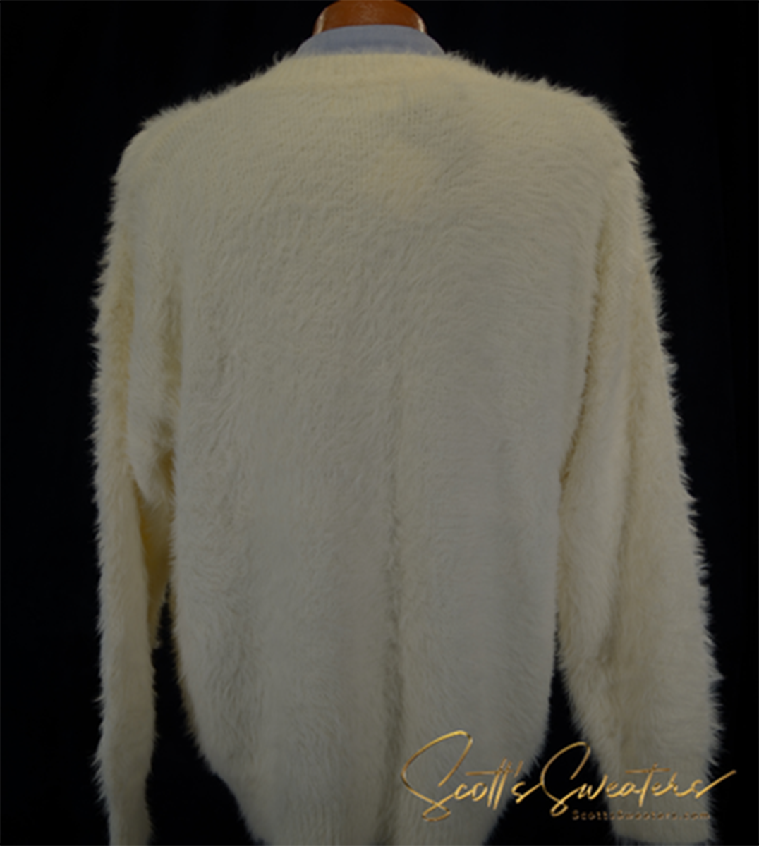 Men's fuzzy ivory crewneck eyelash sweater back view on mannequin