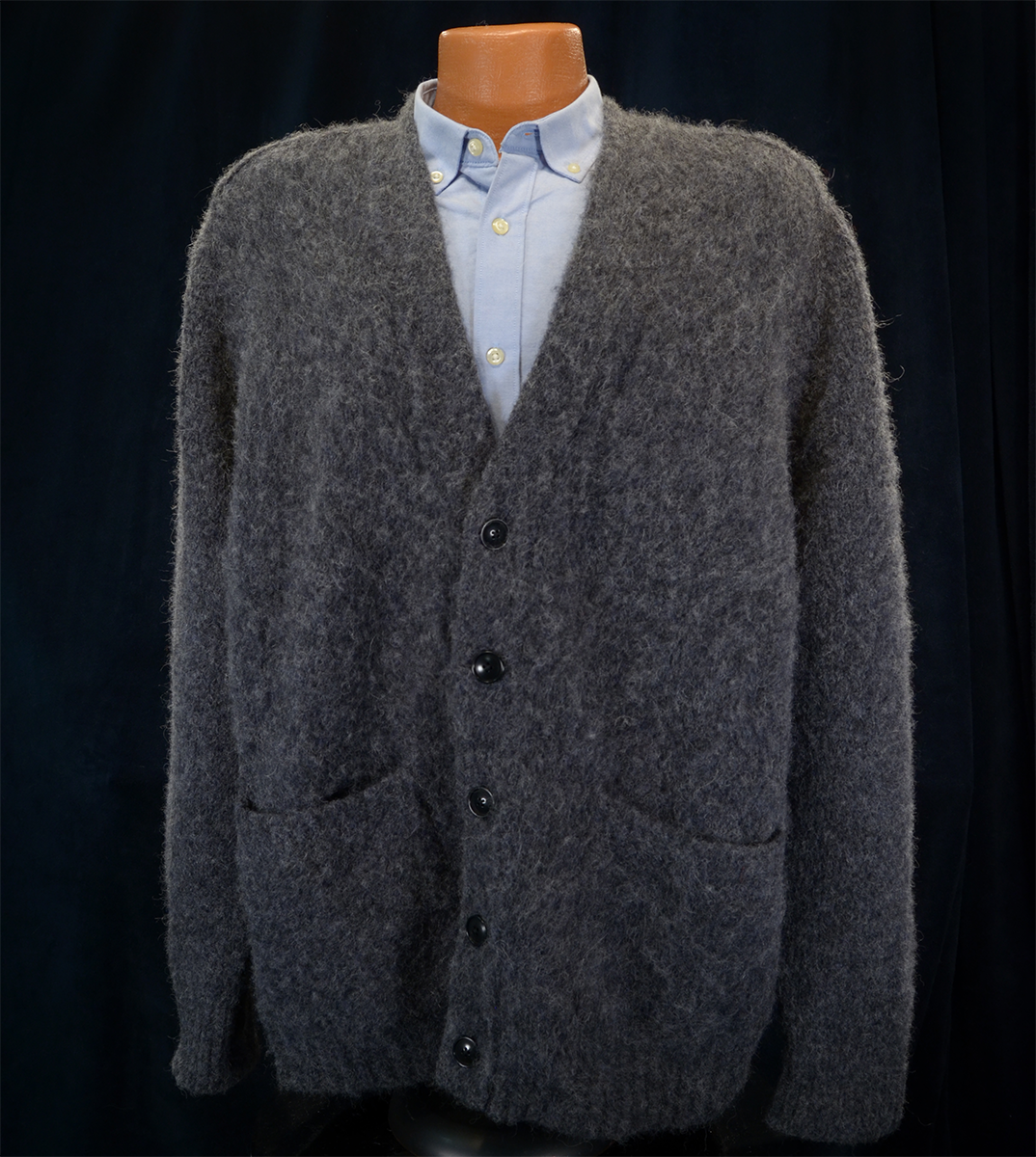 Men's soft alpaca cardigan sweater in charcoal grey with button front and pockets by Banana Republic