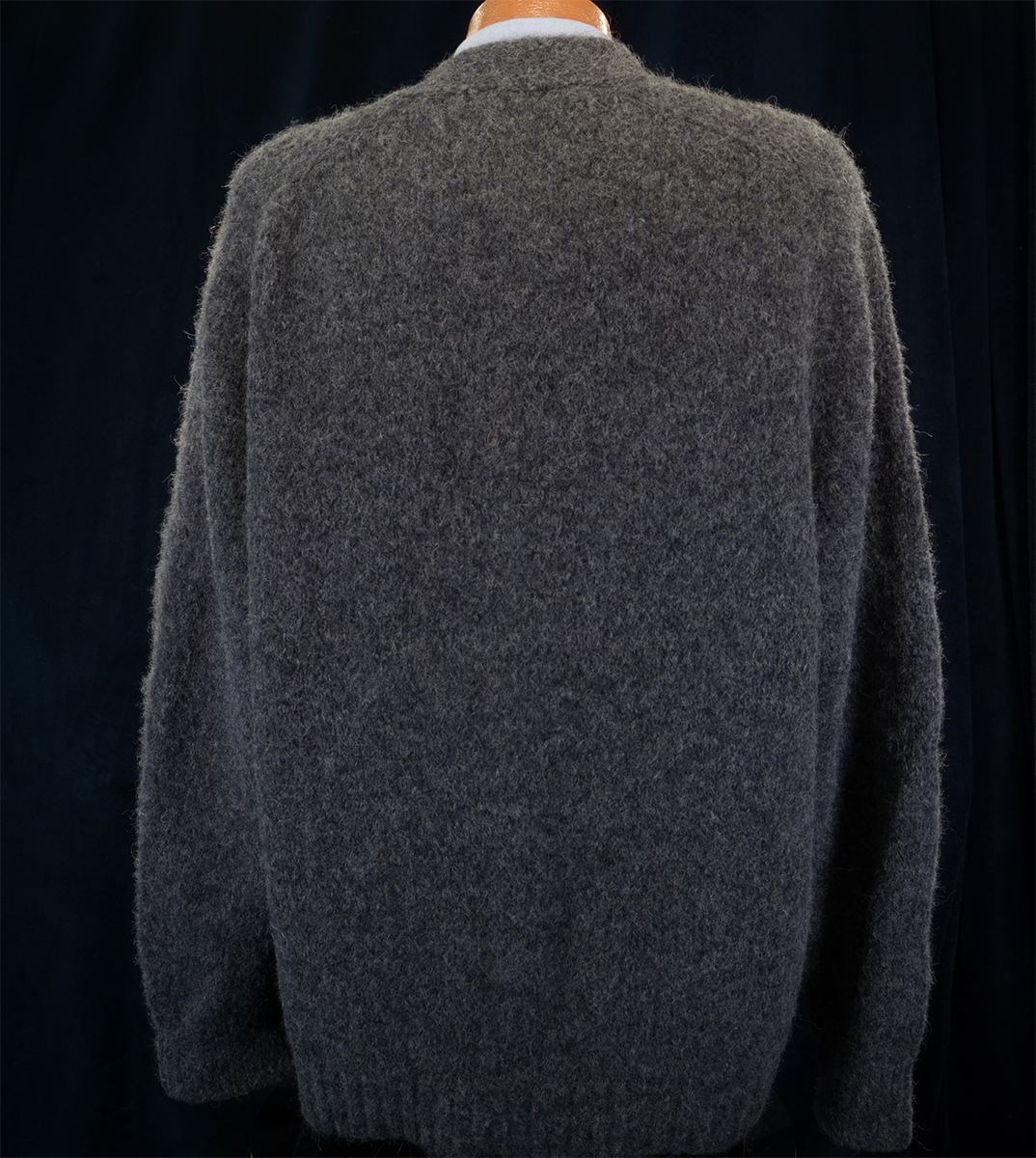 Men's charcoal-grey soft alpaca fuzzy cardigan sweater back view by Banana Republic