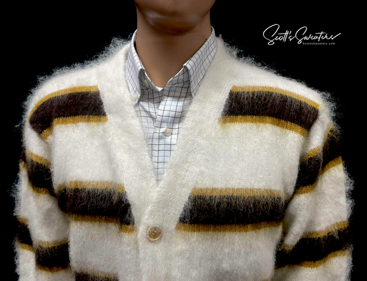 Men's fuzzy cardigan sweater with ivory base and brown striped faux mohair texture worn over a checkered shirt