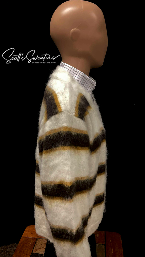 Men's fuzzy cardigan faux mohair striped ivory and brown sweater in size large on mannequin side view