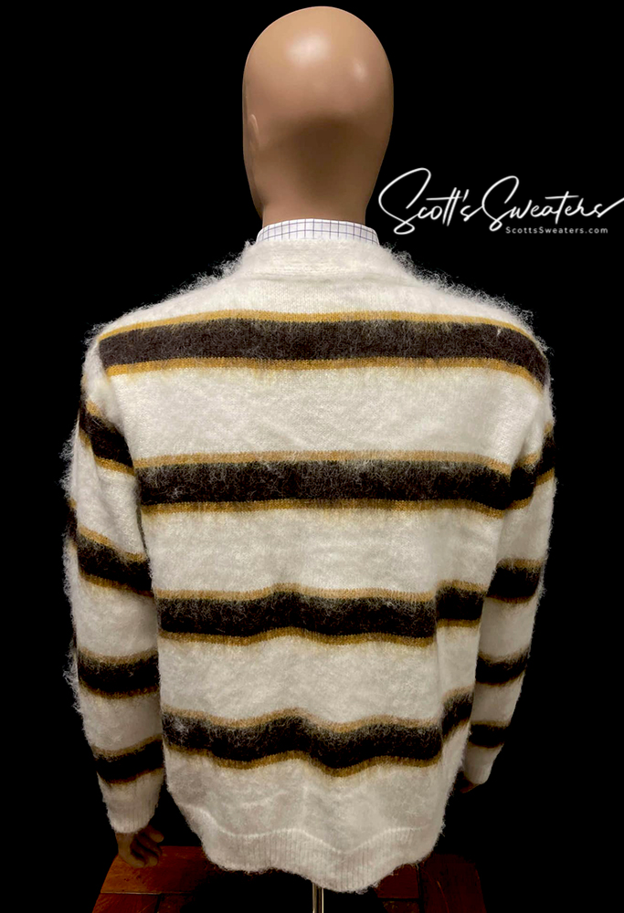 Men's fuzzy cardigan faux mohair striped sweater in ivory with brown and black horizontal stripes, size large, back view