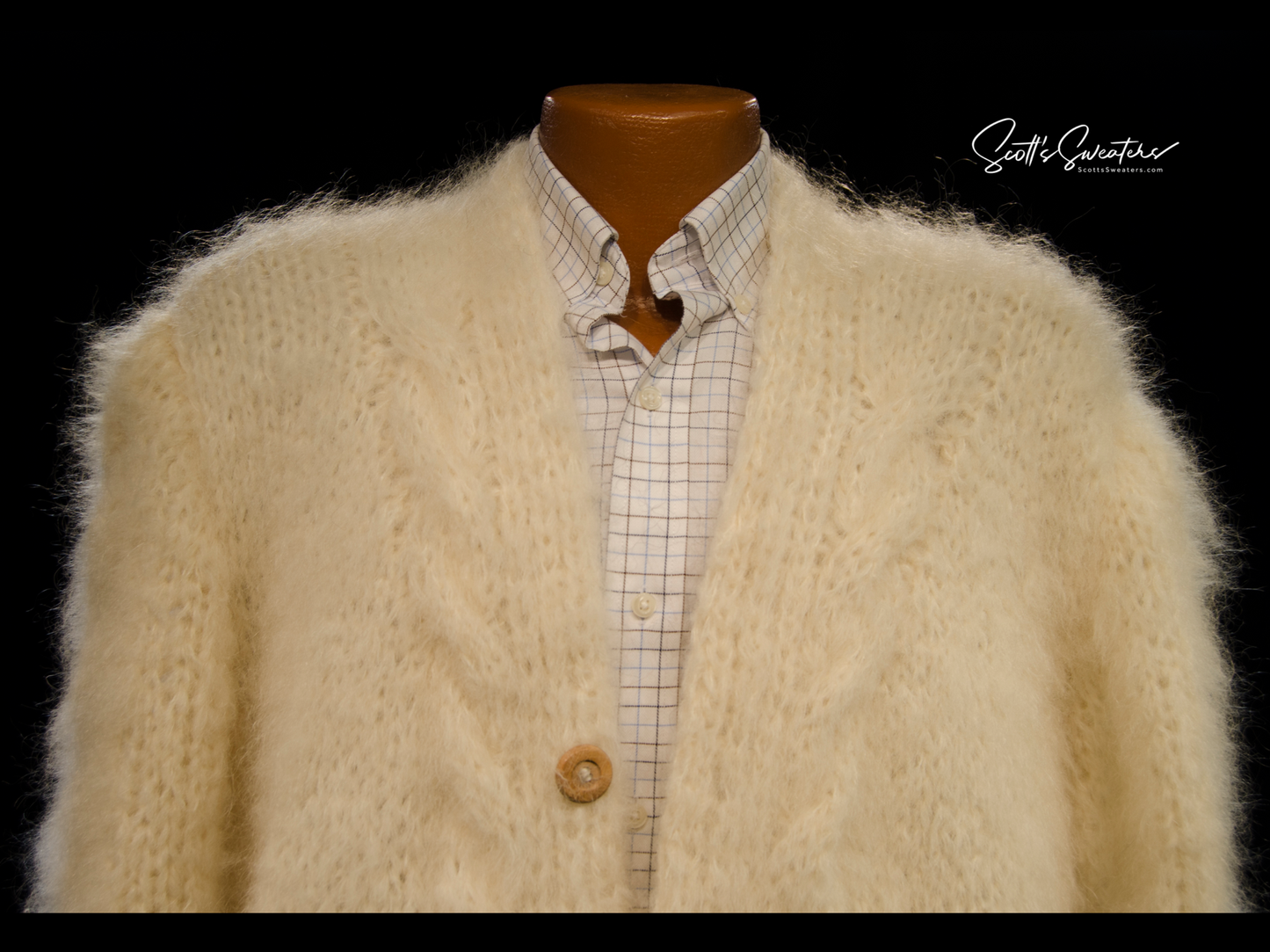 Men's hand-knit mohair and alpaca blend cardigan sweater with wooden buttons and cable-knit details in 3X-Large size