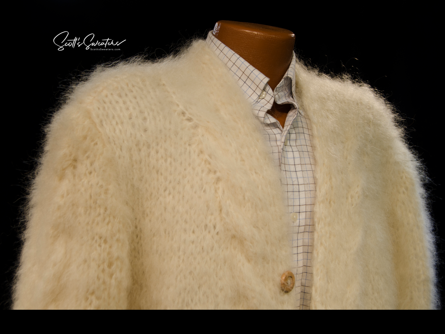 Men's hand-knit mohair and alpaca blend cardigan sweater with wooden buttons and cable-knit design, 3XL size