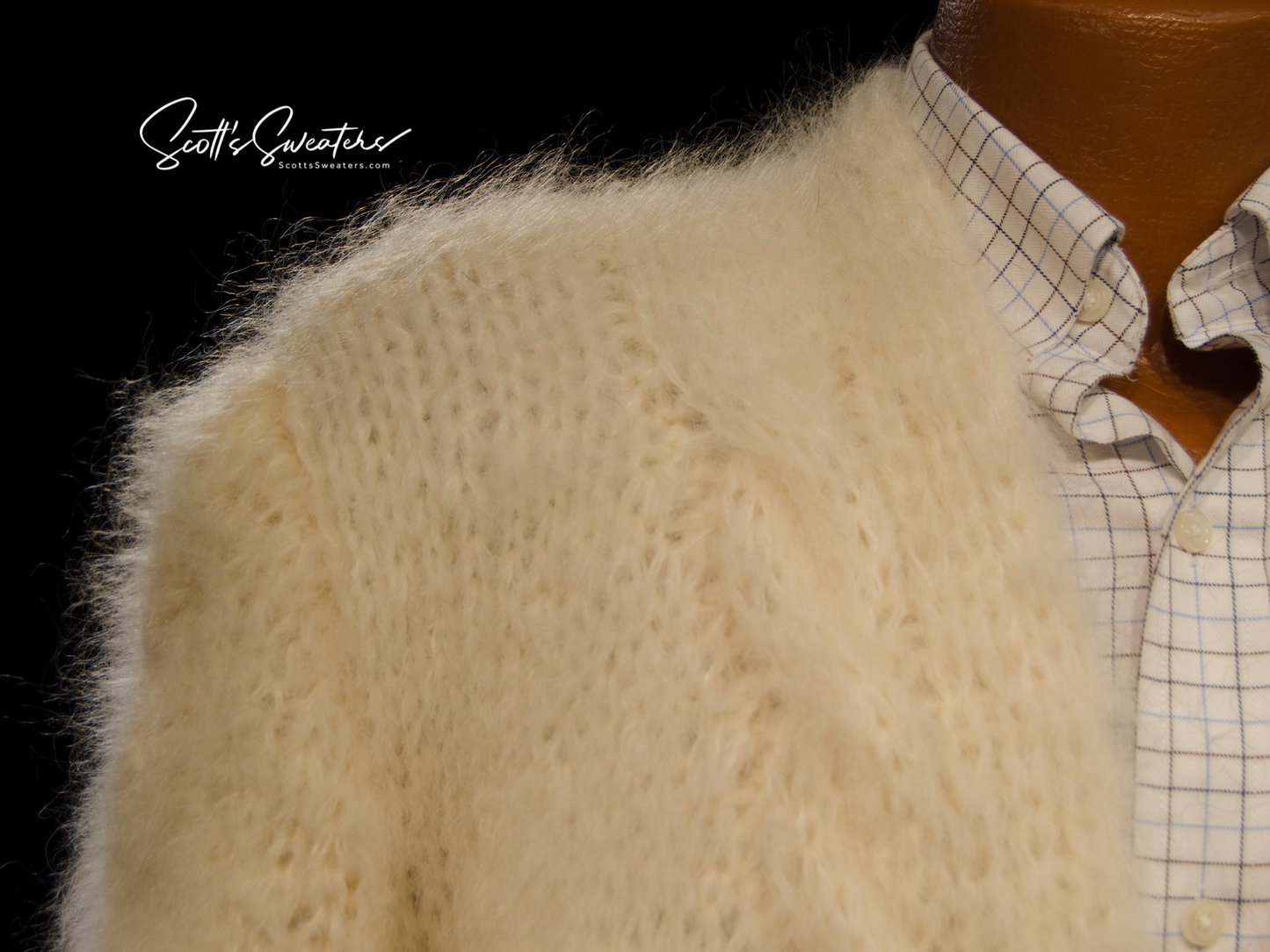 Men's hand-knit mohair and alpaca blend cardigan sweater with cable knit details and wooden buttons in 3X-large size