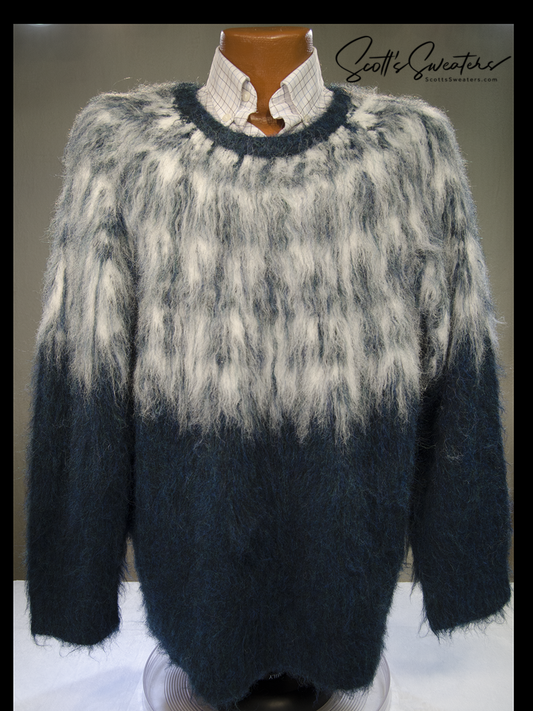 mens fuzzy sweater Unisex crewneck mohair sweater with slouchy fit and Icelandic style yoke design in fuzzy brown and cream colors