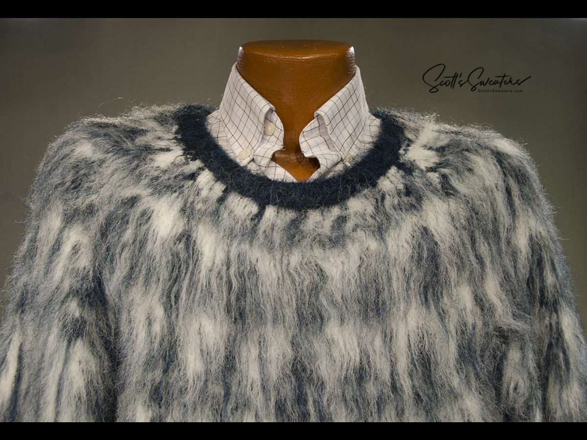 mens fuzzy sweater Unisex crewneck mohair sweater with slouchy fit and Icelandic style yoke design in fuzzy brown and cream colors