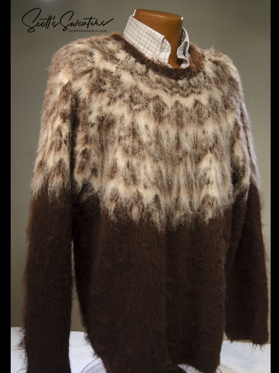 mens fuzzy sweater Unisex crewneck mohair sweater with slouchy fit and Icelandic style yoke design in fuzzy brown and cream colors