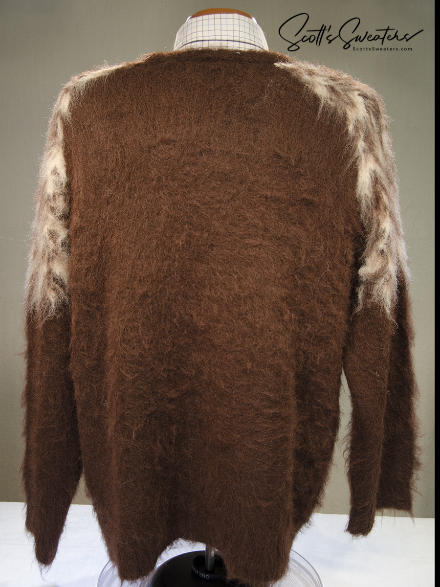 mens fuzzy sweater Unisex crewneck mohair sweater with slouchy fit and Icelandic style yoke design in fuzzy brown and cream colors