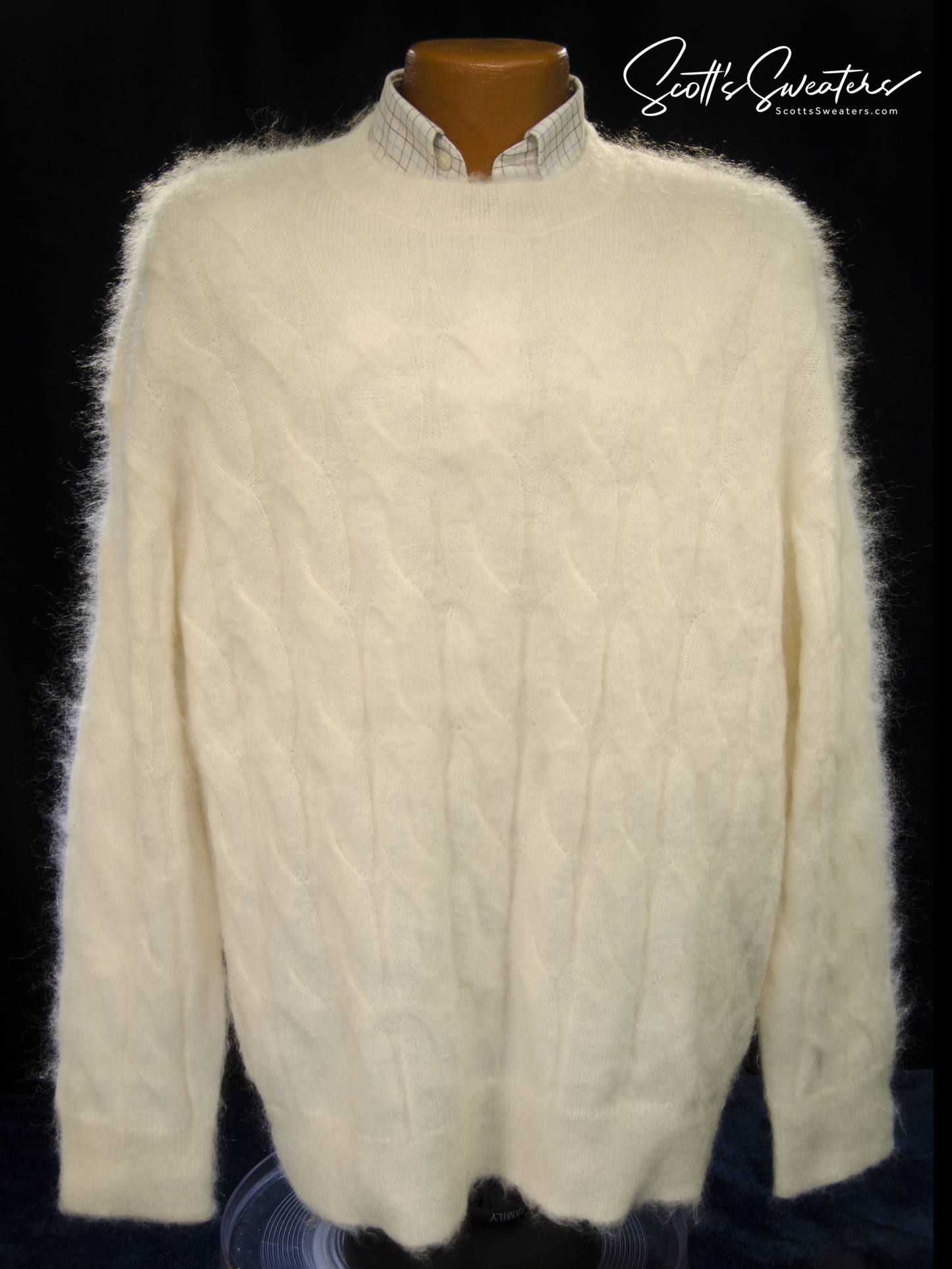 Men's white cable-knit mohair crewneck sweater by All Saints in XL