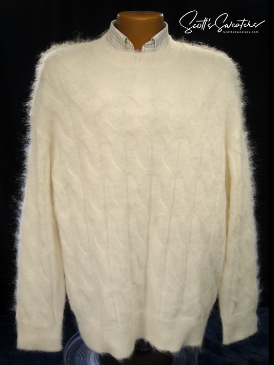 Men's white cable-knit mohair crewneck sweater by All Saints in XL