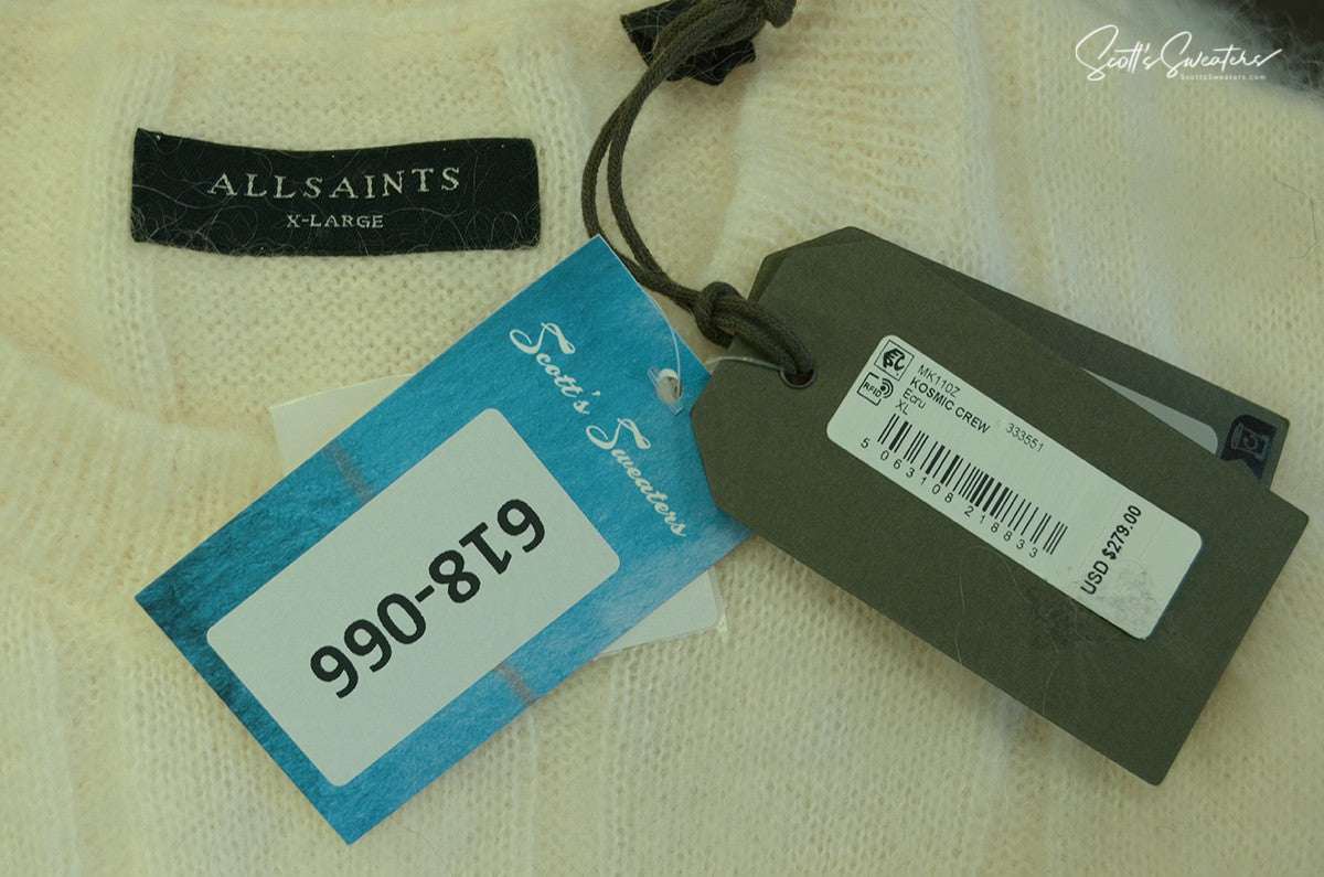 Men's white All Saints X-Large cable-knit mohair crewneck sweater with price and inventory tags