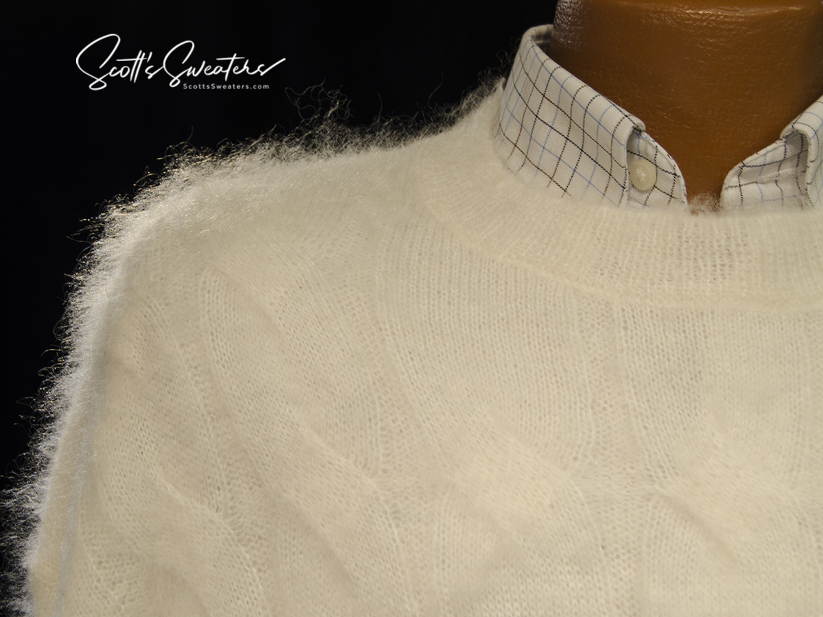 Men's white All Saints Kosmic cable-knit crewneck mohair sweater in X-Large
