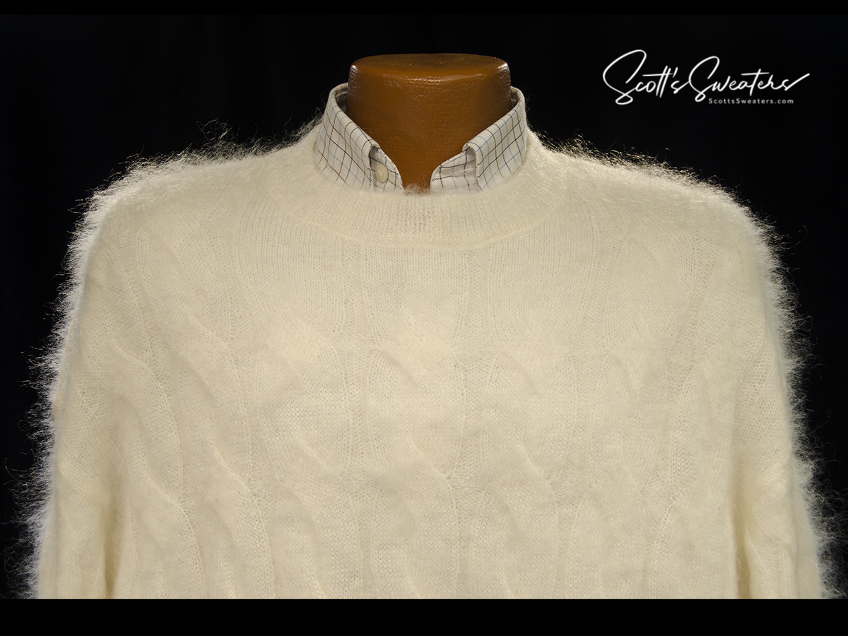 Men's white cable-knit mohair crewneck sweater by All Saints in extra-large size