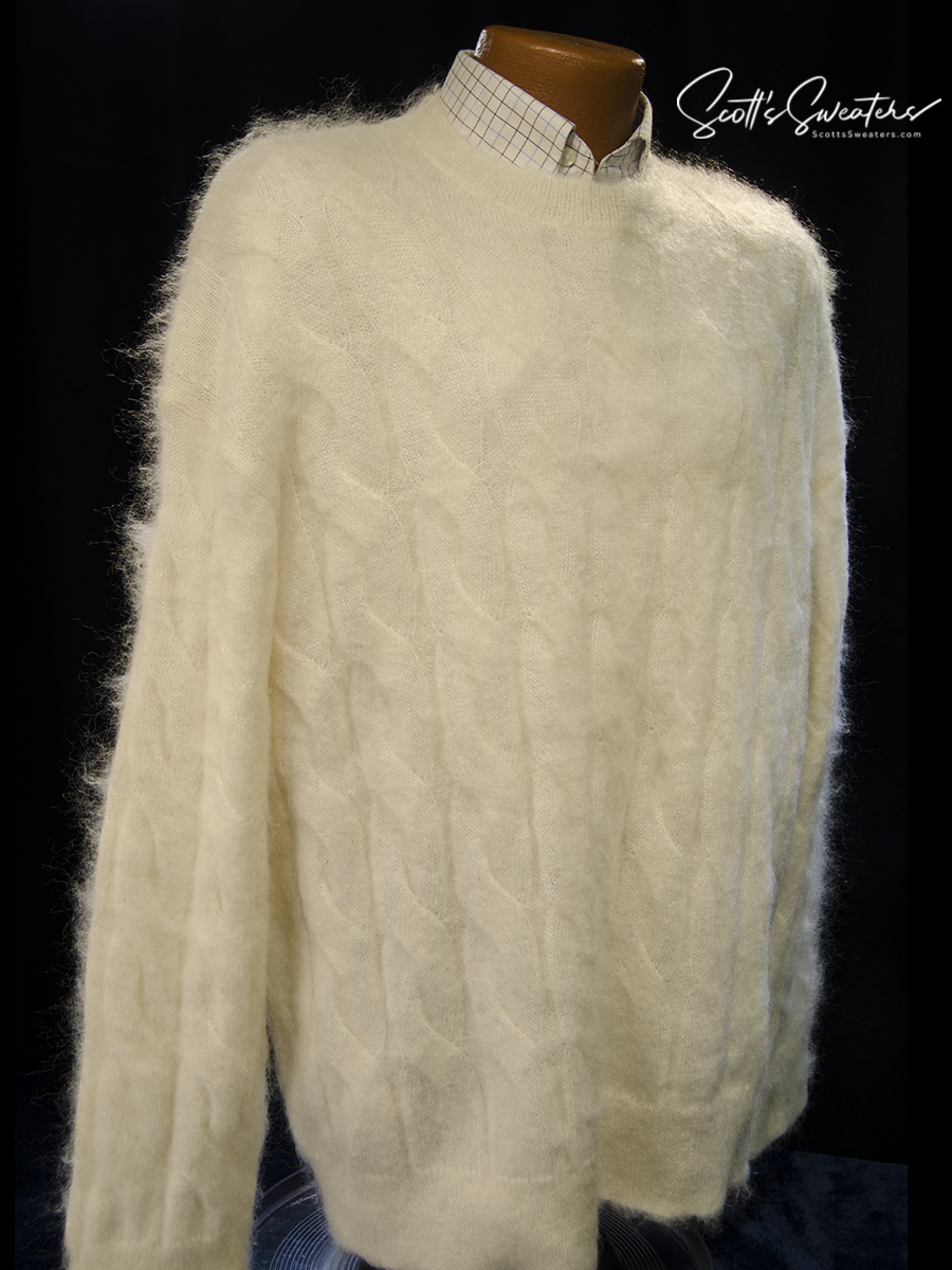 Men's white cable-knit mohair crewneck sweater by All Saints in ivory color.
