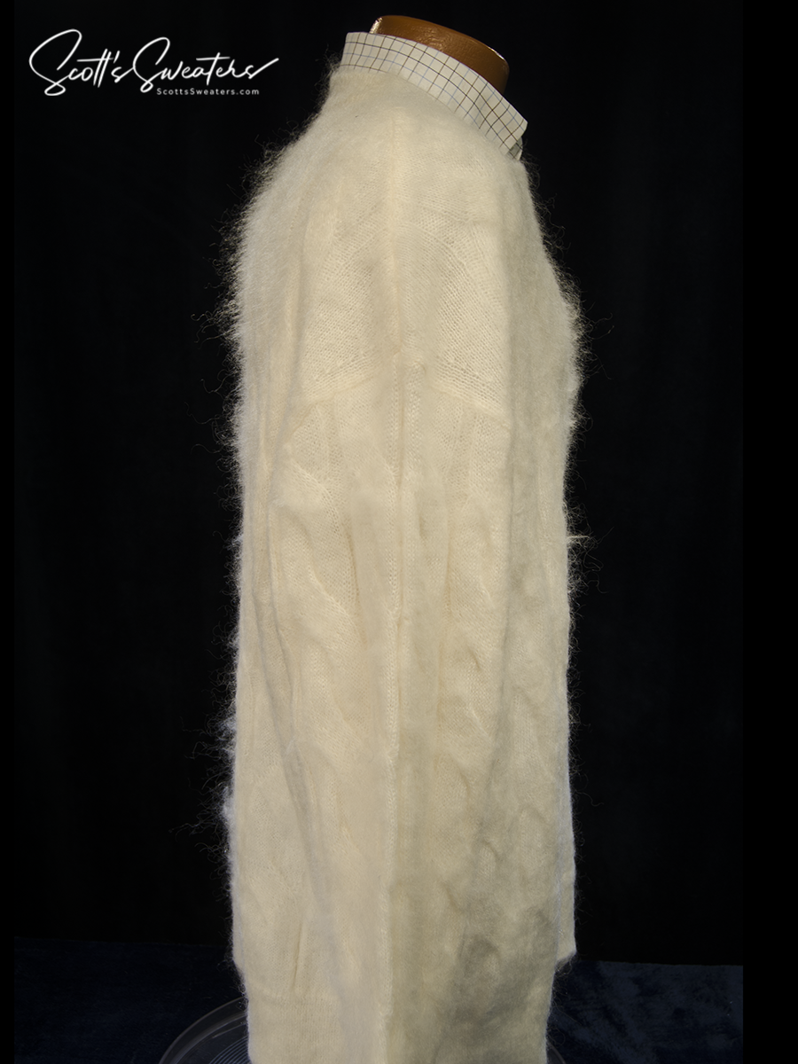 Men's white cable-knit mohair crewneck sweater by All Saints on mannequin side view