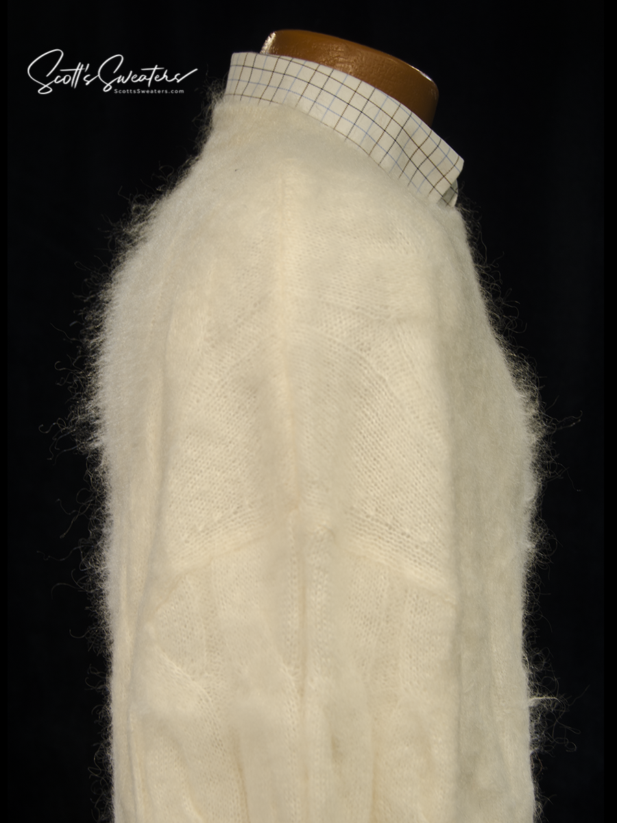 Men's white All Saints Harley Kosmic cable-knit mohair crewneck sweater in ivory color, displayed on a mannequin with a checkered shirt.