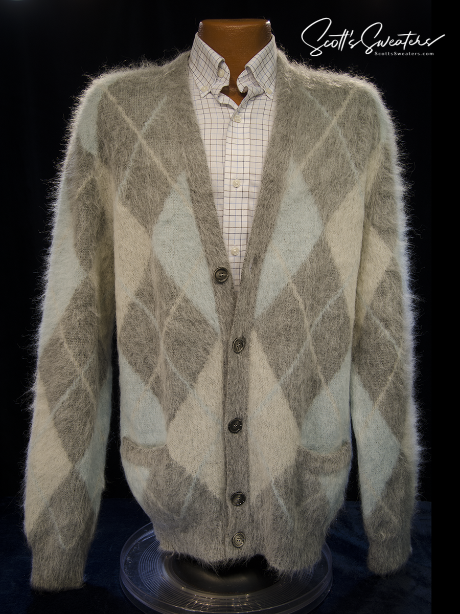 Men's Alpaca Mohair grey three-tone argyle cardigan sweater by AMI Alexandre Mattiussi in XL