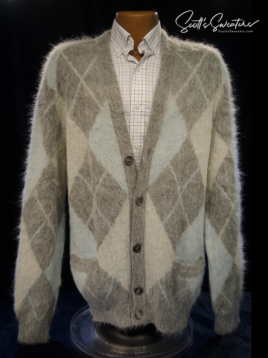 Men's Alpaca Mohair grey three-tone argyle cardigan sweater by AMI Alexandre Mattiussi in XL