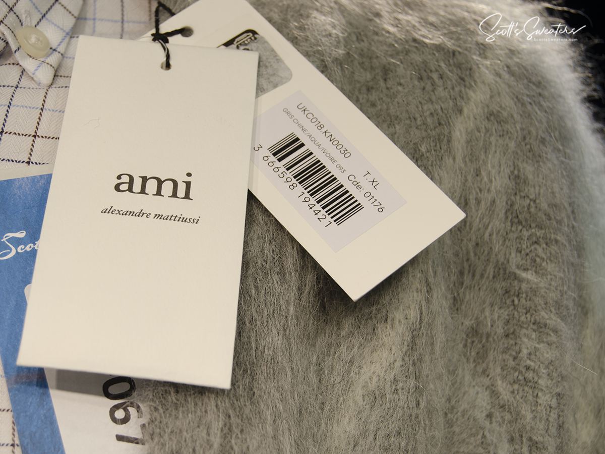 Men's Alpaca Mohair grey fuzzy argyle cardigan sweater by AMI with size tags