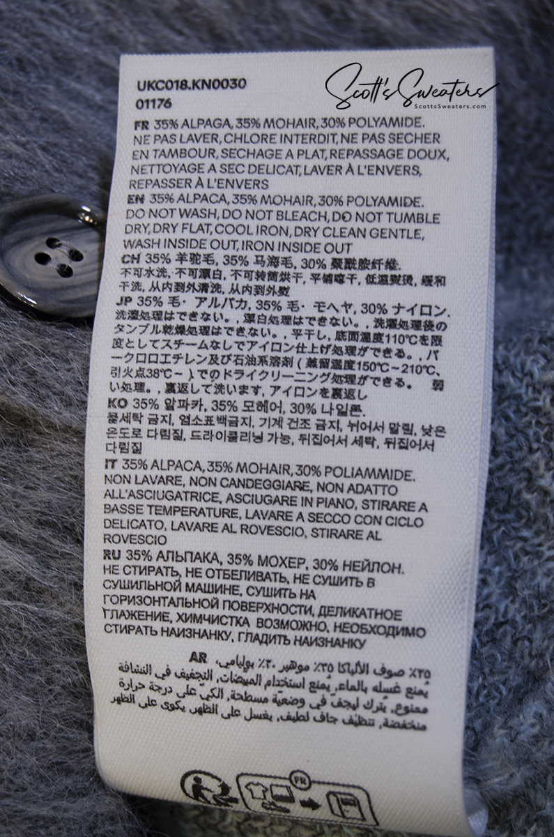 Men's grey and blue three-tone alpaca and mohair argyle cardigan sweater by AMI in extra-large size