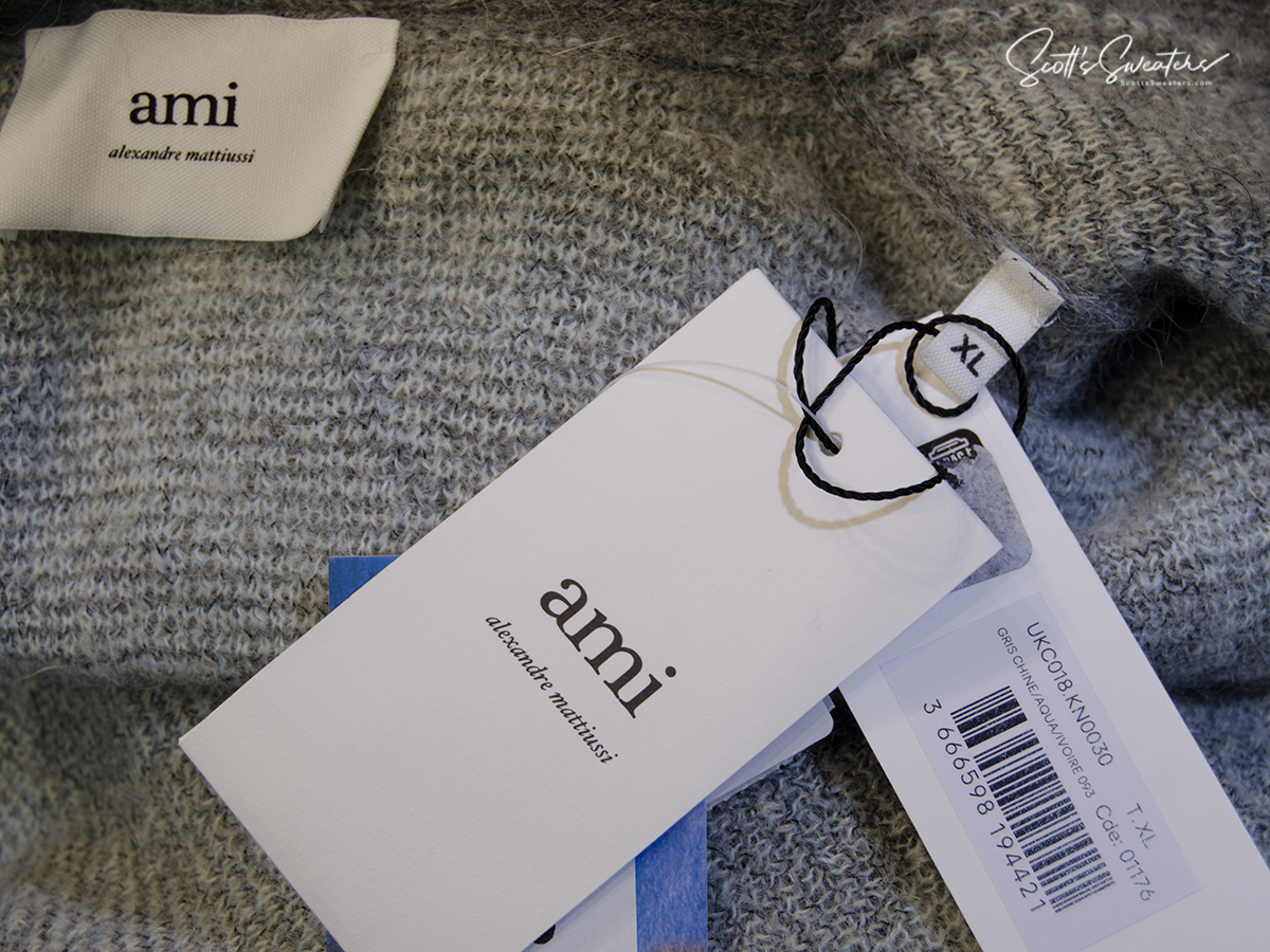 Men's Alpaca mohair grey argyle cardigan sweater by AMI with brand tags and size XL label