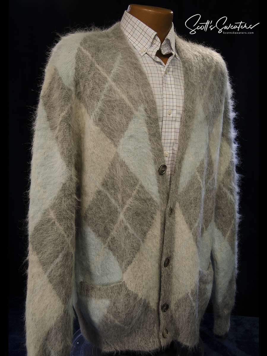 Men's Alpaca Mohair grey and blue argyle cardigan sweater by AMI Alexandre Mattiussi, soft fuzzy knit, X-Large size